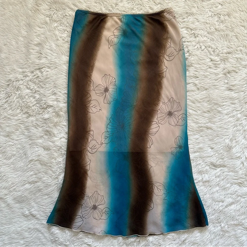 Vintage Fabiola USA Skirt Midi Y2K Pull On Sheer Floral Blue Brown Sz L - Picture 2 of 8